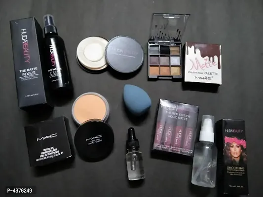Combo of BB Compact Loose powder Eyeshadow kit Makeup puff Face serum Fixer Primer Lipstick set