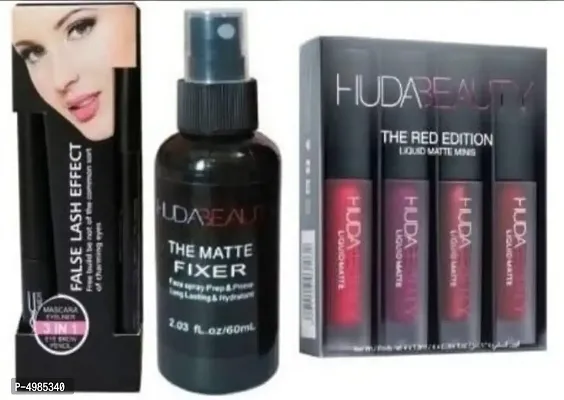 Combo of Mascara Eyeliner Eyebrow Pencil Makeup Fixer and Red Edition Lipstick set