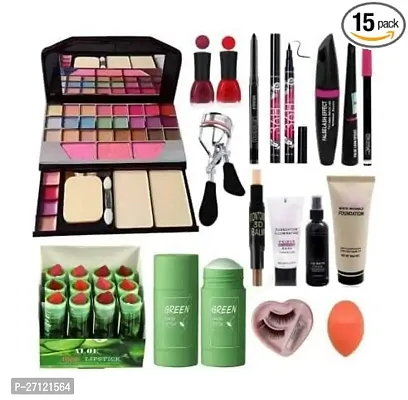 Girls Women -Eye Shadow Palette,Greentea Mask,12Pc Matte Lipstick, Sketch Eyeliner,Waterproof Mascara, Kajal Pencil,Primer, Fixer, Foundation,Contour, Eyelashes,Curler, Nailpaint +Blander