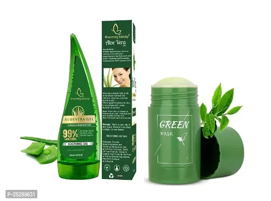 Aloe Vera Multipurpose Beauty Gel For Face , Skin And Hair 120ml Multipurpose Gel With Green Tea Cleansing Mask Stick for Face | For Blackheads, Whiteheads  Oil Control Purifying Solid Clay Detox Mud