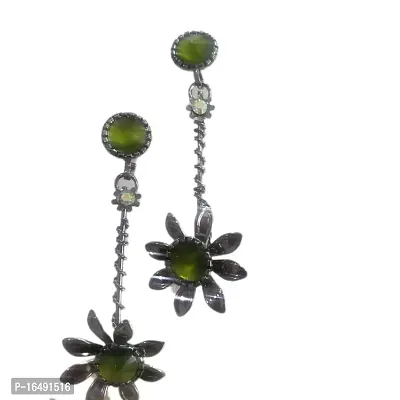 Fancy Light Weight Black Metal Drop Earrings for Women (Green)