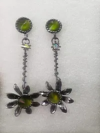 Fancy Light Weight Black Metal Drop Earrings for Women (Green)-thumb3