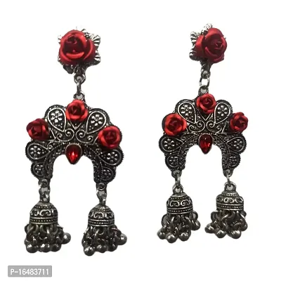 Fancy Light Weight White Metal Flower Earrings for Women (Red)-thumb2