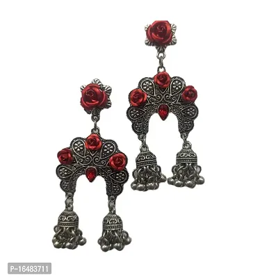 Fancy Light Weight White Metal Flower Earrings for Women (Red)-thumb0