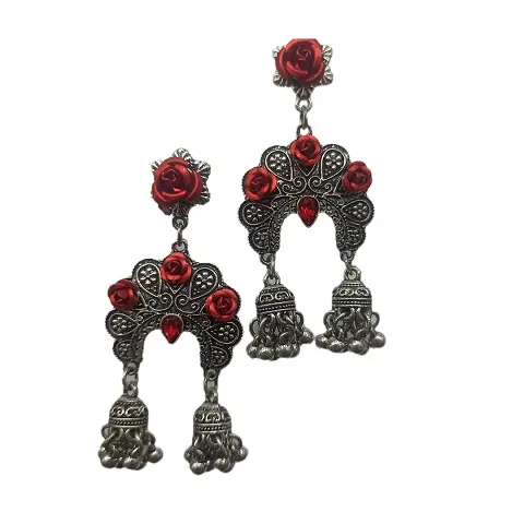 Fancy Light Weight Metal Flower Earrings for Women (Red)