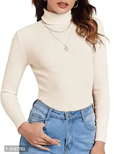 Women Winter Wear Cotton White High Neck Full Sleeves Turtle Neck Woolen Sweater
