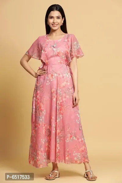 Stylish Georgette Pink Floral Print Short Sleeves Round Neck Dress For Women-thumb0