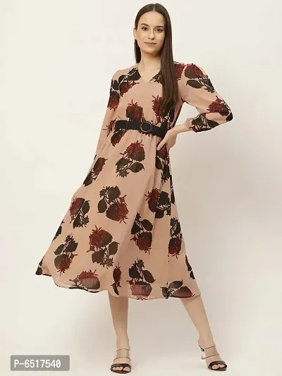 Stylish Georgette Peach Floral Print 3/4 Sleeves V Neck Dress For Women-thumb0