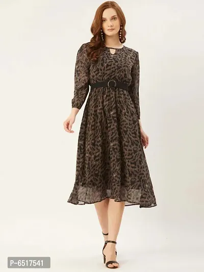 Stylish Georgette Brown Leopard Print 3/4 Sleeves Key Hole Neck Dress For Women