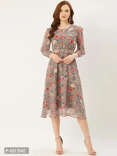 Stylish Georgette Khaki Floral Print 3/4 Sleeves Key Hole Neck Dress For Women
