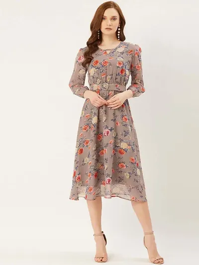 Stylish Georgette Floral Print 3/4 Sleeves Key Hole Neck Dress For Women