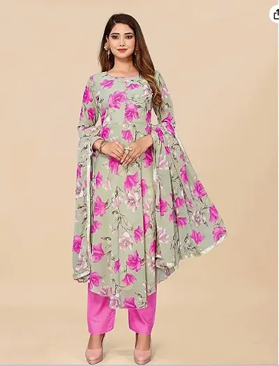 Floral Print Flared Anarkali Kurta Set