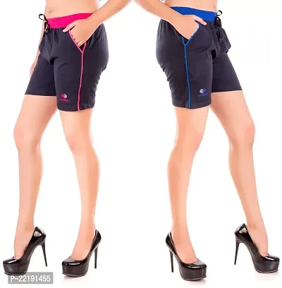 FeelBlue Cotton Hot Pants for Women Ideal for Cycling, Gym, Yoga(Black and Rblack, Pack of 2)