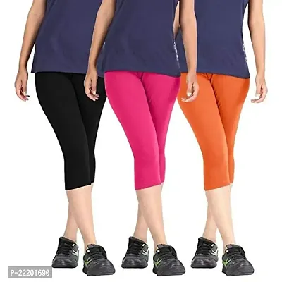 FeelBlue Women's Stretch Fit Cotton Capri (Capri3-Group2_Black, Rani And Orange_Free Size)