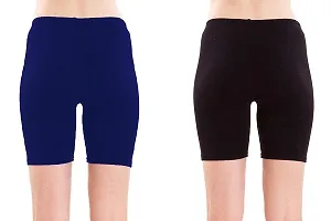 FEELBLUE Women's/Girls Bio-Washed 200 GSM Soft and Skinny Cycling/Yoga/Casual Shorts (Pack of 2) - Free Size Royal-Black-thumb2