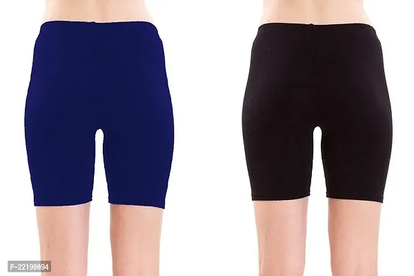 FEELBLUE Women's/Girls Bio-Washed 200 GSM Soft and Skinny Cycling/Yoga/Casual Shorts (Pack of 2) - Free Size Royal-Black-thumb3