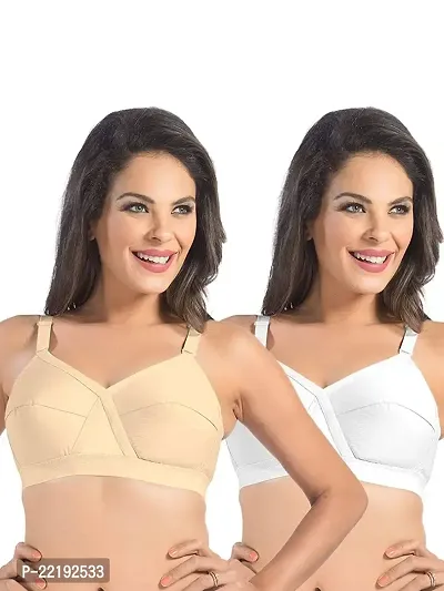 FEELBLUE Comfort Women's Non-Padded Non-Wired Cotton Full Coverage X-View Design Bra - Combo Pack of 2 Beige and White