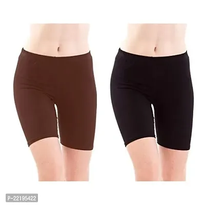 FeelBlue Women's Cotton Bio-Washed 200 GSM Soft and Skinny Cycling/Yoga/Casual Shorts (Free Size, Brown, Black) - Pack of 2-thumb0