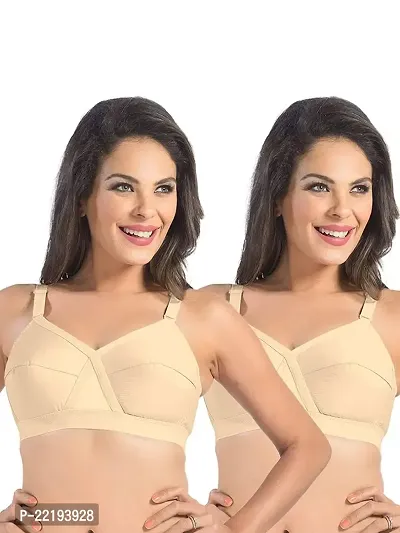 FEELBLUE Comfort Women's Non-Padded Non-Wired Cotton Full Coverage X-View Design Bra - Combo Pack of 2 Beige