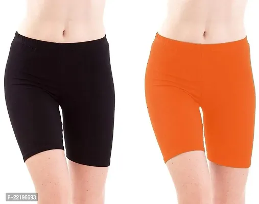 FEELBLUE Women's/Girls Bio-Washed 200 GSM Soft and Skinny Cycling/Yoga/Casual Shorts (Pack of 2) - Free Size Black-Orange