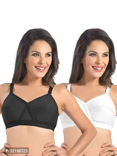 FEELBLUE Comfort Women's Non-Padded Non-Wired Cotton Full Coverage X-View Design Bra - Combo Pack of 2 Black and White-thumb0