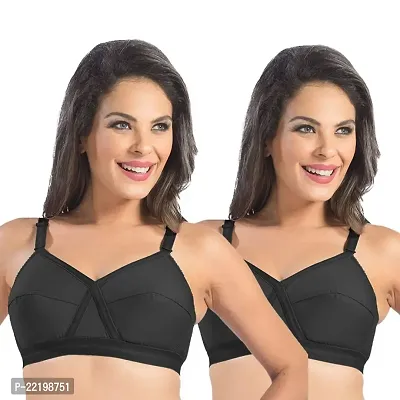 FEELBLUE Comfort Women's Non-Padded Non-Wired Cotton Full Coverage X-View Design Bra - Combo Pack of 2 Black