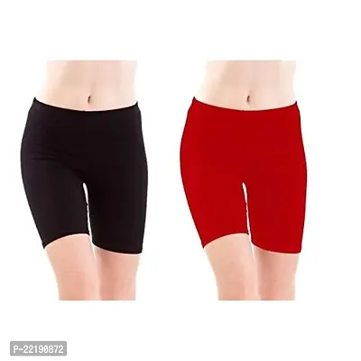 FeelBlue Women's Cotton Bio-Washed 200 GSM Soft and Skinny Cycling/Yoga/Casual Shorts (Free Size Black, Red) - Pack of 2