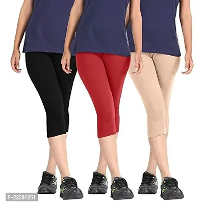 Premium Cotton Strechable Women's Casual/Gym/Sports 3/4th Capri (Free Size) Combo Pack of 3 (BlackMaroonSkin)-thumb0