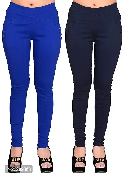 FEELBLUE Women's Skinny Fit Poly Cotton Jeggings (Jeggings_Royal Blue And Navy Blue_Free Size)