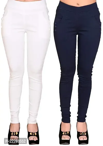 FEELBLUE Lycra Stretchable Jeggings for Women(Pack of 2) (White  Navy Blue, S)
