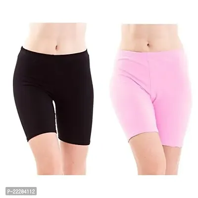 FeelBlue Women's Bio-Washed 200 GSM Soft and Skinny Yoga Shorts (Black and Pink, Free Size) - Pack of 2
