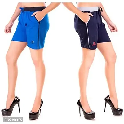 FeelBlue Stylish Cotton Hot Pants for Women Ideal for Cycling, Gym, Yoga(Navy Blue and Royal Blue, Pack of 2)-thumb0