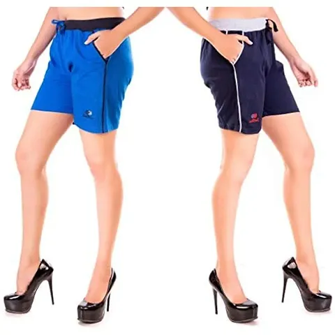 FEELBLUE Stylish Cotton Hot Pants for Women Ideal for Cycling, Gym, Yoga(Navy Blue and Royal Blue, Pack of 2)