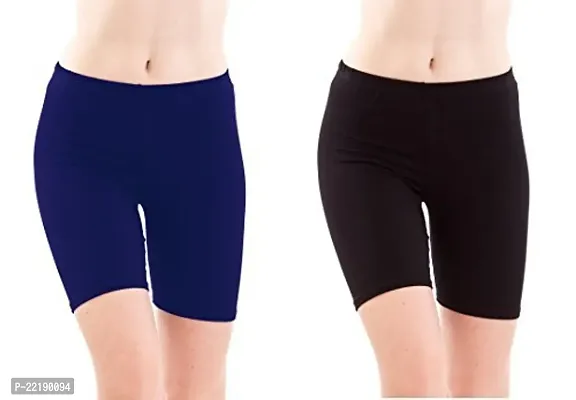 FEELBLUE Women's/Girls Bio-Washed 200 GSM Soft and Skinny Cycling/Yoga/Casual Shorts (Pack of 2) - Free Size Royal-Black