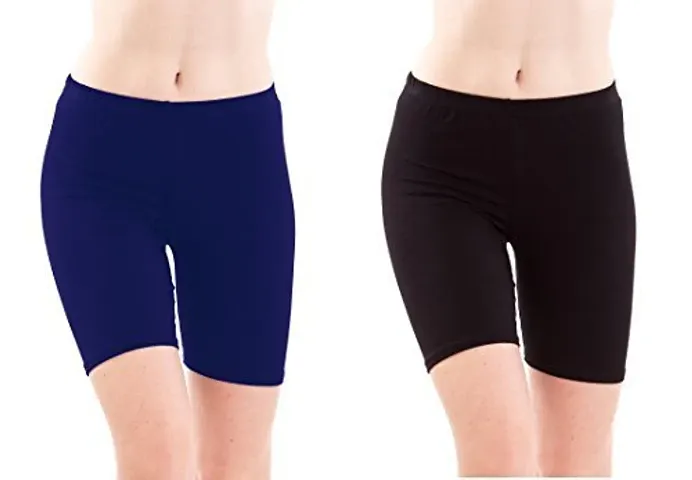 Women's/Girls Bio-Washed 200 GSM Soft and Skinny Cycling/Yoga/Casual Shorts (Pack of 2) - Free Size