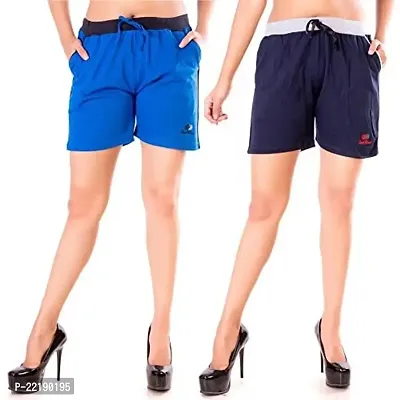 FeelBlue Stylish Cotton Hot Pants for Women Ideal for Cycling, Gym, Yoga(Navy Blue and Royal Blue, Pack of 2)-thumb2