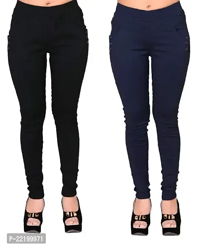 FEELBLUE Lycra Stretchable Jeggings for Women(Pack of 2) (Black  Navy Blue, S)-thumb0