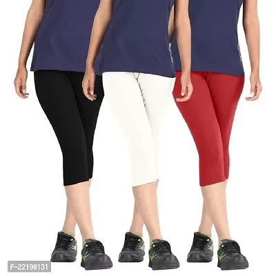 Premium Cotton Strechable Women's Casual/Gym/Sports 3/4th Capri (Free Size) Combo Pack of 3 (BlackWhiteRed)-thumb0