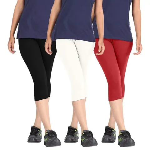 Premium Cotton Strechable Women's Casual/Gym/Sports 3/4th Capri (Free Size) Combo Pack of 3
