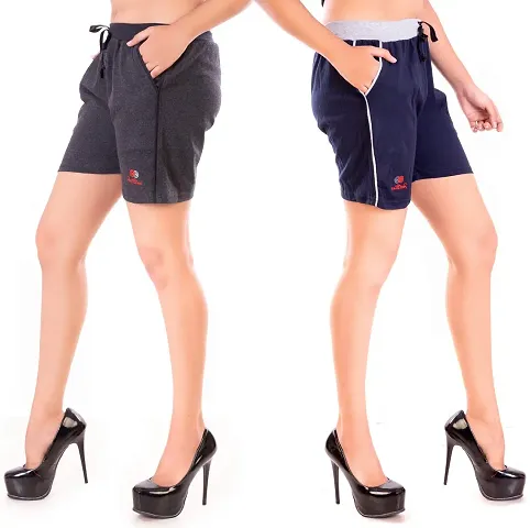 FeelBlue Cotton Hot Pants for Women Ideal for Cycling, Gym, Yoga(Navy Blue and Grey, Pack of 2)
