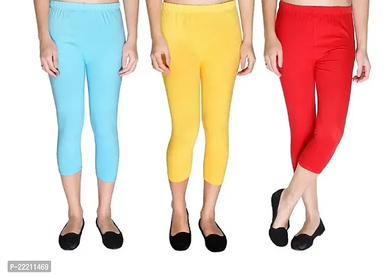 Premium Cotton Strechable Women's Casual/Gym/Sports 3/4th Capri (Free Size) Combo Pack of 3 (FiroziYelowRed)