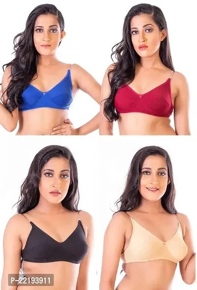 FeelBlue Comfort Women's Transparent Strap Non-Padded Non-Wired Cotton Bra (Multicolour) - Combo Pack of 4-thumb0