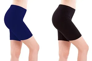 FEELBLUE Women's/Girls Bio-Washed 200 GSM Soft and Skinny Cycling/Yoga/Casual Shorts (Pack of 2) - Free Size Royal-Black-thumb1