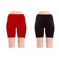 FeelBlue Women's Cotton Bio-Washed 200 GSM Soft and Skinny Cycling/Yoga/Casual Shorts (Free Size Black, Red) - Pack of 2-thumb1