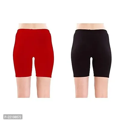 FeelBlue Women's Cotton Bio-Washed 200 GSM Soft and Skinny Cycling/Yoga/Casual Shorts (Free Size Black, Red) - Pack of 2-thumb2