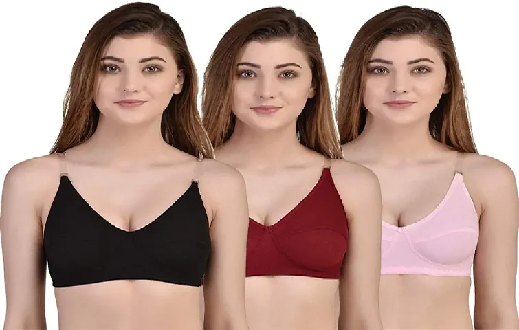 FEELBLUE Comfort Women's Transparent Strap Non-Padded Non-Wired Cotton Bra - Combo Pack of 3