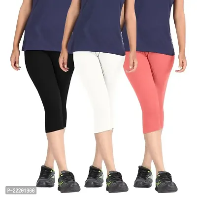 Premium Cotton Strechable Women's Casual/Gym/Sports 3/4th Capri (Free Size) Combo Pack of 3 (BlackWhiteGajri)