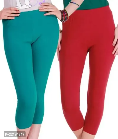 Superior Women's Cotton Stretchable Casual/Gym/Sports 3/4th Capri (Firozi, Red, Free Size)-Combo Pack of 2