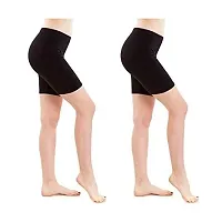 FeelBlue Women's Bio-Washed 200 GSM Soft and Skinny Cycling/Yoga Casual Shorts (Black, Free Size) - Pack of 2-thumb2