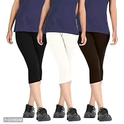 FeelBlue Women's Cotton Casual/Gym/Sports 3/4th Capri, Free Size, Black, White  Brown